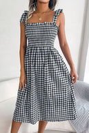Plaid Tie Shoulder Frill Trim Midi Dress