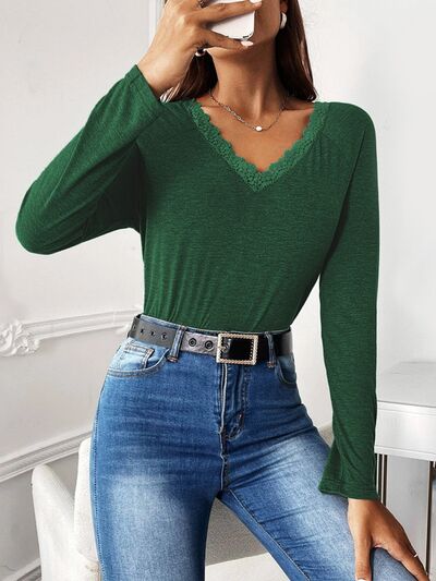 Lace Detail V-Neck Long Sleeve Top