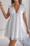 Swiss Dot Deep V Ruffle Shoulder Mini Dress