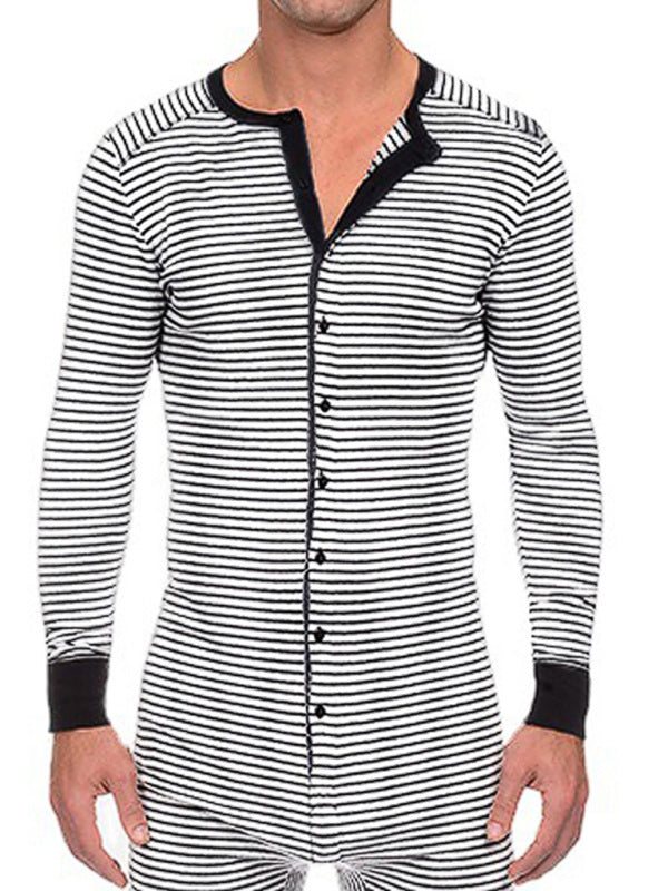 Men's Slim Striped Print Crew Neck Button Long Sleeve Trousers One Piece Pajama