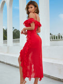 Ruffled Cold-Shoulder Split Dress