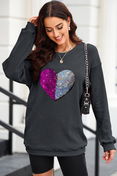 Heart Sequin Round Neck Sweatshirt