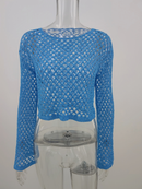 Round Neck Crochet Bell-Sleeved Cropped Beach Cover-ups