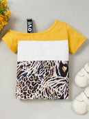 Girls Color Block Printed Cold-Shoulder Tee and Joggers Set