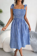 Plaid Tie Shoulder Frill Trim Midi Dress