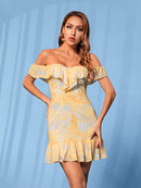 Printed Off-Shoulder Lace-Up Ruffle Hem Mini Dress