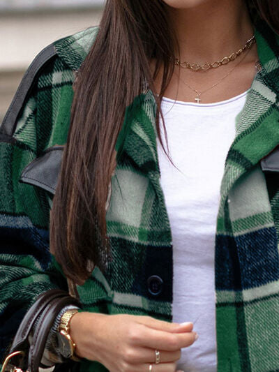 Pocketed Plaid Button Up Dropped Shoulder Shacket