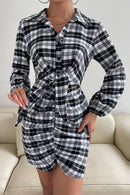 Plaid Tie Front Ruched Mini Shirt Dress