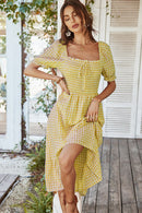 Plaid Cutout Square Neck Smocked Dress