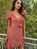 Ditsy Floral Ruffled Flutter Sleeve Plunge Dress