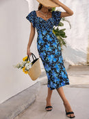 Floral Flutter Sleeve Slit Hem Midi Dress