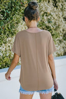 Decorative Button Curved Hem V-Neck Top