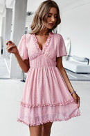 Printed Flutter Sleeve V-Neck Dress