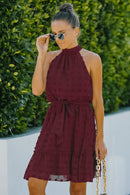 Swiss Dot Tie-Waist Tiered Sleeveless Dress