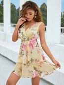 Floral Sleeveless Surplice Layered Mini Dress