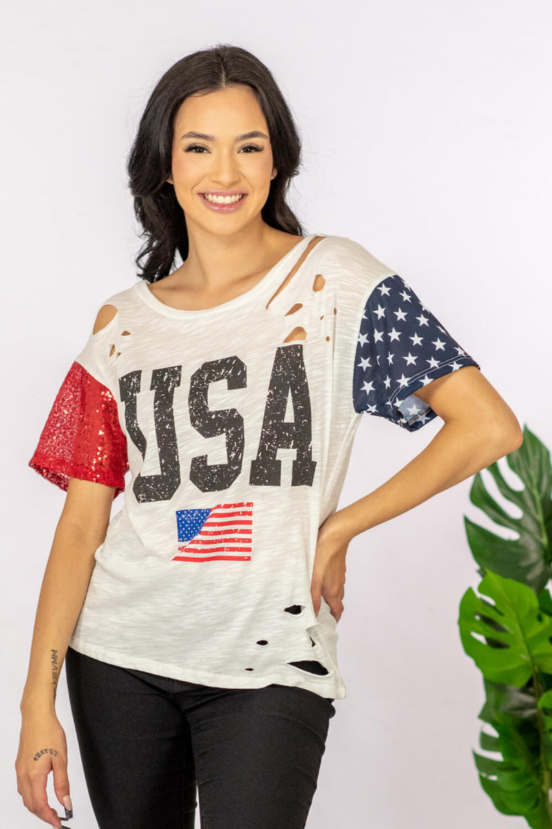 BiBi USA Sequin Graphic Distressed Tee