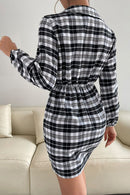 Plaid Tie Front Ruched Mini Shirt Dress