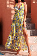 Printed Backless Plunge Split Maxi Dress