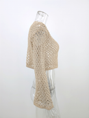 Round Neck Crochet Bell-Sleeved Cropped Beach Cover-ups