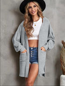 Pocketed Slit Open Front Hooded Cardigan