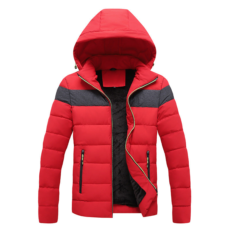 Men's Cotton-padded Jacket With Hood And Color Matching To Keep Warm In Winter