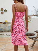 Printed Spaghetti Strap V-Neck Belted Dress