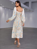 Floral Tie Front Square Neck Split Midi Dress