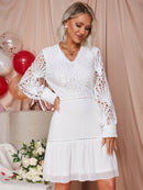 V-Neck Ruffle Hem Spliced Lace Dress