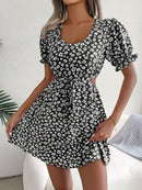Floral Cutout Flounce Sleeve Dress