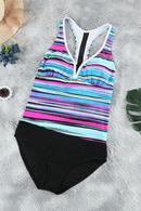 Sky Blue Striped Tie-dye Racerback Tankini Swimsuit