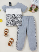 Girls Color Block Printed Cold-Shoulder Tee and Joggers Set