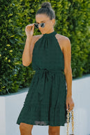 Swiss Dot Tie-Waist Tiered Sleeveless Dress