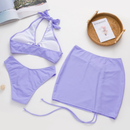 Women's Solid Color Drawstring Skirt Bikini Three-Piece Set