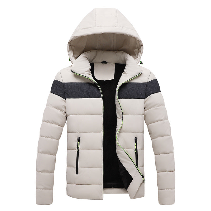 Men's Cotton-padded Jacket With Hood And Color Matching To Keep Warm In Winter