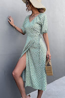 Printed Elastic Cuff Tie Waist Wrap Dress