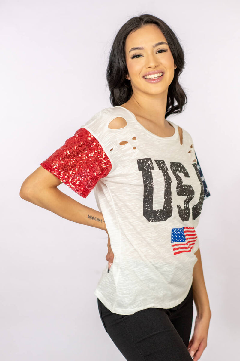 BiBi USA Sequin Graphic Distressed Tee