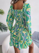 Abstract Print Square Neck Smocked Dress