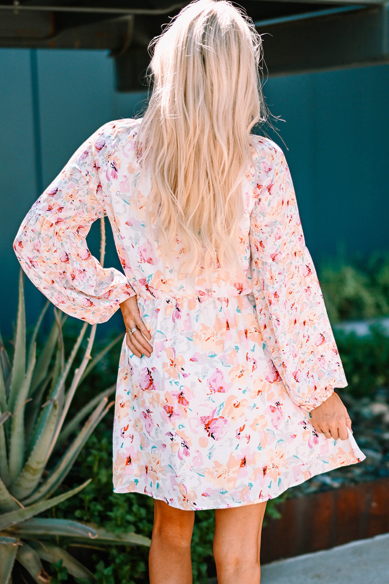 Floral Bubble Sleeve V-Neck Dress