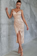 Sequined Spaghetti Strap Ruched Wrap Dress