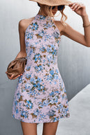 Floral Mock Neck Tie Back Sleeveless Dress