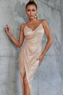 Sequined Spaghetti Strap Ruched Wrap Dress