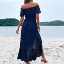 Off-Shoulder Decorative Button Ruffle Hem Dress