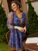 Floral Lace-Up Mesh Balloon Sleeve A-Line Dress