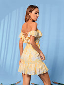 Printed Off-Shoulder Lace-Up Ruffle Hem Mini Dress