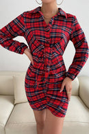Plaid Tie Front Ruched Mini Shirt Dress