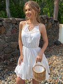 Embroidered Tassel-Tie Eyelet Scalloped Trim Sleeveless Dress