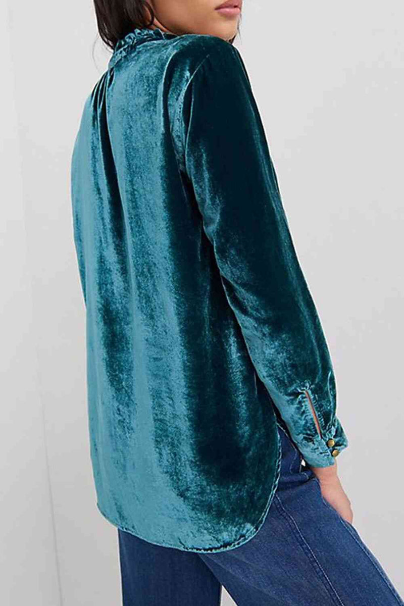 Notched Neck Buttoned Long Sleeve Velvet Blouse