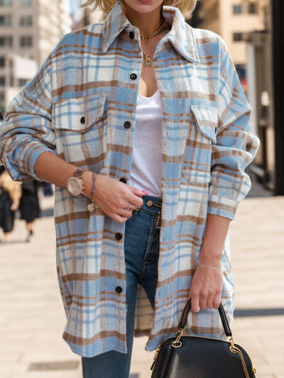 Pocketed Plaid Button Up Dropped Shoulder Shacket