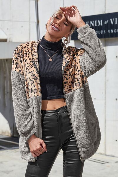 Leopard Zip Up Dropped Shoulder Hoodie