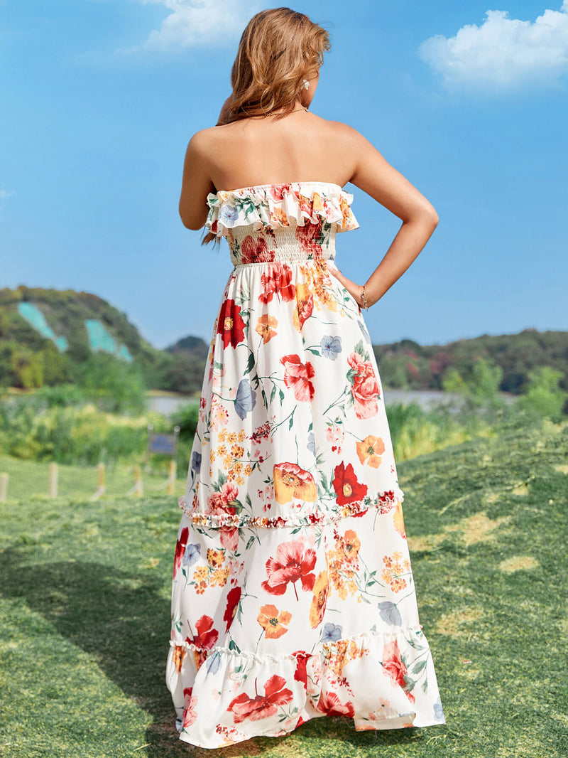 Floral Strapless Frill Trim Tiered Dress